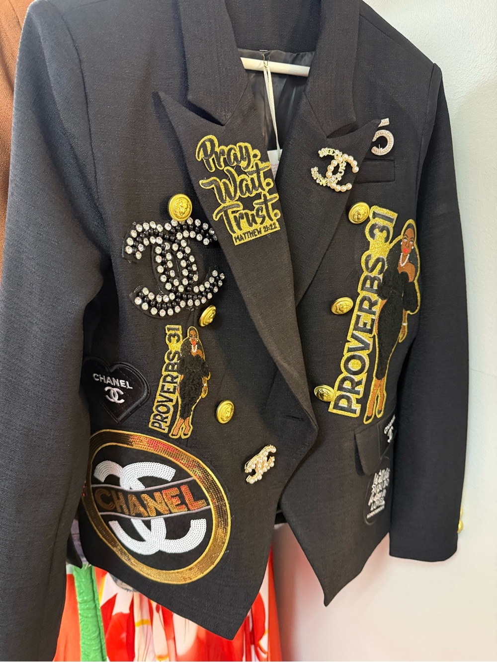 Fashion Blazer with Gold & Crystal Embellished Logos